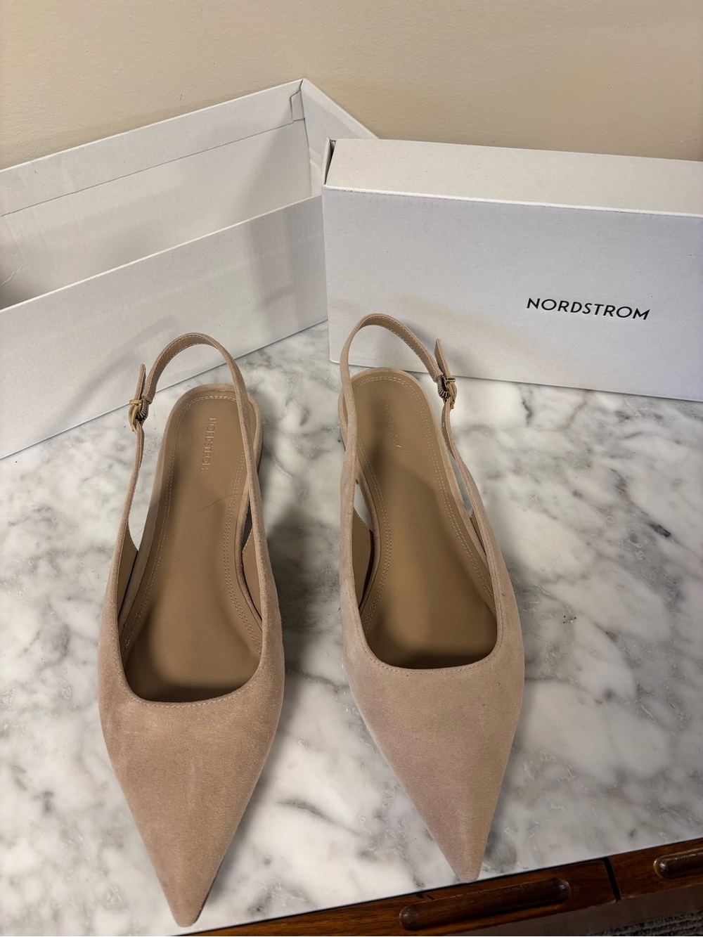 Nordstrom Beige Suede Slingback Pointed-Toe Flats